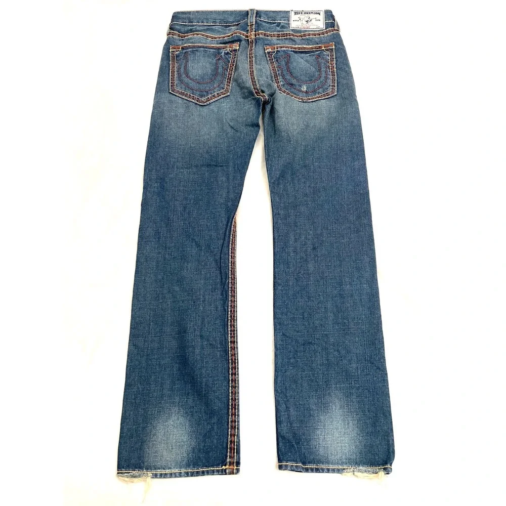 True Religion Straight Jeans Mens 34x34 Blue Thick Contrast Stitch Made in USA